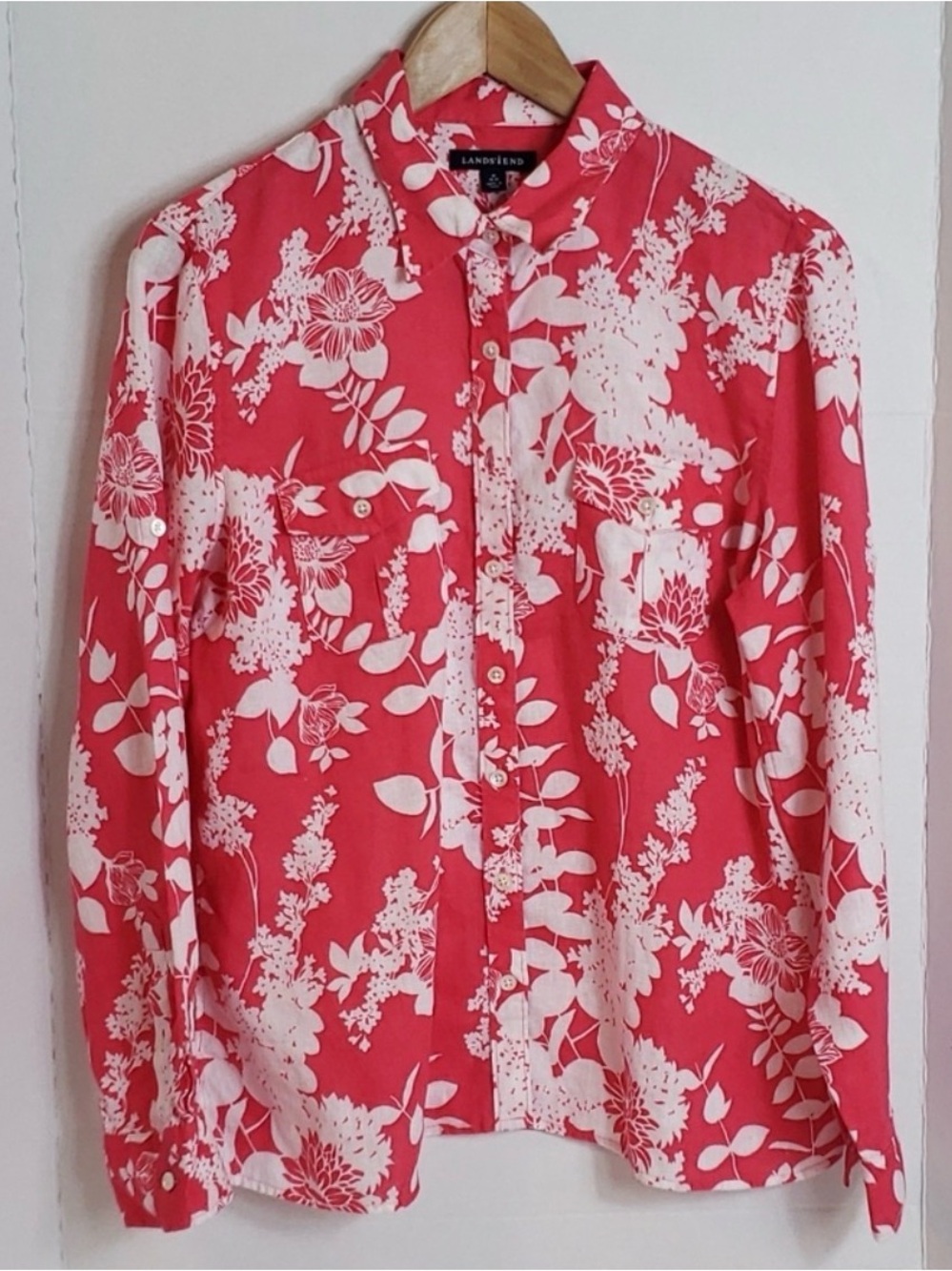 Lands End Raspberry Pink White Floral Linen Long Sleeve Button Shirt Size 14